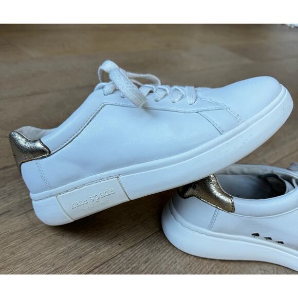 Kate Spade Lift White Sneakers Sz 7 Leather Gold Heel Accent and Gold Logo - Picture 7 of 12